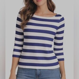 Loft Blue and White Boatneck Striped Top 3/4 Sleeves. Size medium